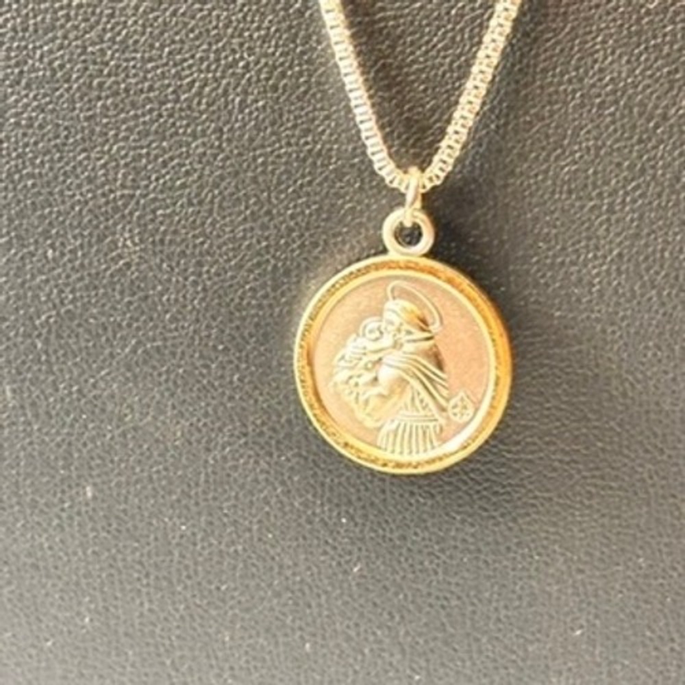 Saint Anthony Religious Medal Pendant Silver Tone Box Chain Necklace